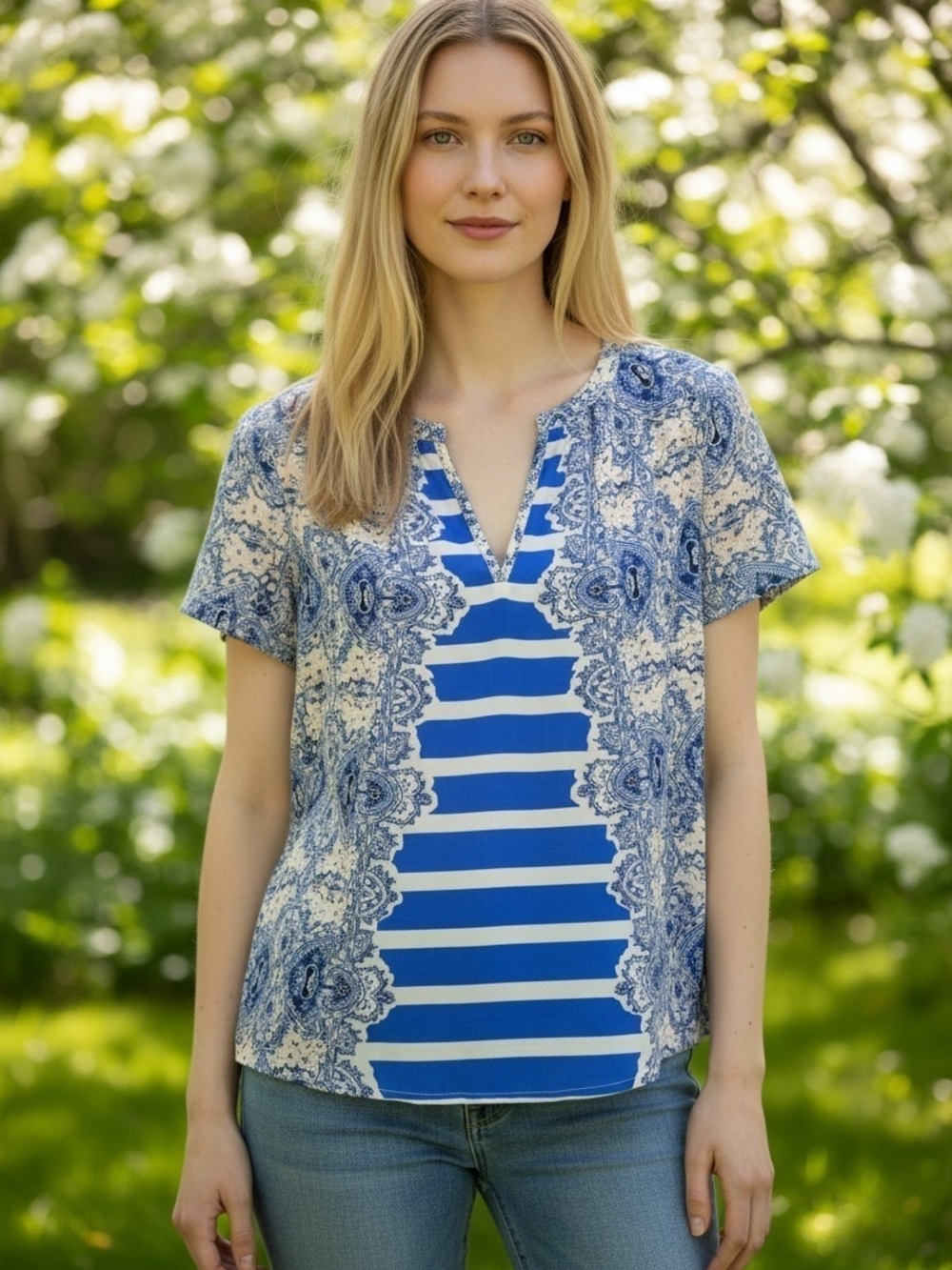 Maeve Blue and White Paisley-Stripe V-Neck Top